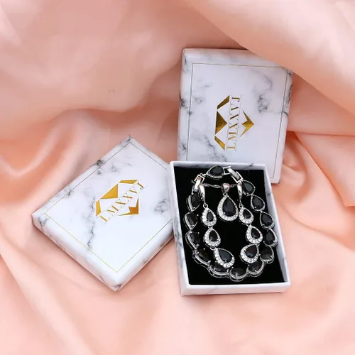 Vista 4 de LMXXVJ Juego de collar y aretes largos, chapados en oro blanco, juego de joyas de zafiro azul creado, joyería de regalo para boda, fiesta, joyería