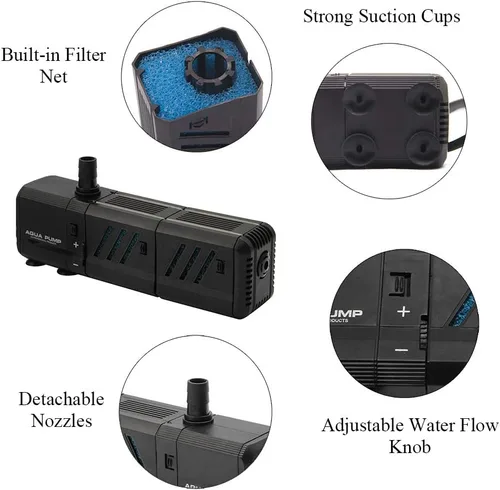 Vista 3 de MQ Bomba de agua sumergible de 130 GPH (500 L/H, 6 W) con filtros y boquillas de agua, ultra silenciosa para acuario, pecera, estanque, fuente