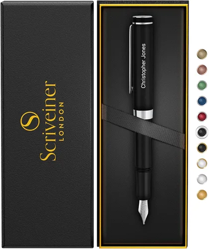 Vista 12 de Scriveiner Pluma Estilográfica EDC de Lujo (Mediana), Impresionante Pluma de Bolsillo Negra de Lujo, Chapado en Oro Real, Plumín Dorado Schmidt 1.