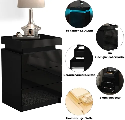 Vista 7 de TUKAILAi Mesita de noche con luz LED, moderna mesita de noche negra con tapa abatible, mesita de noche pequeña con 3 cajones de madera, mesa