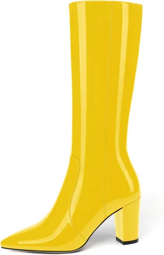 Vista 44 de AMBELIGHT Botas altas hasta la rodilla con cremallera y puntera puntiaguda para mujer, de patente sólida, tacón alto, 3.3 pulgadas