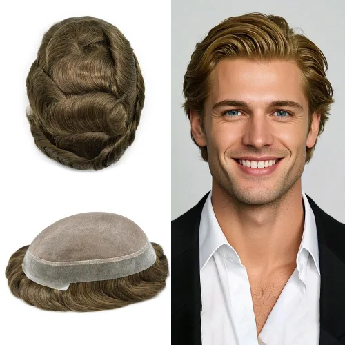 Vista 17 de Toupee para hombres Piezas de pelo fino mono para hombre Toupee sistema de reemplazo de pelo para hombres línea capilar natural para hombre postizo
