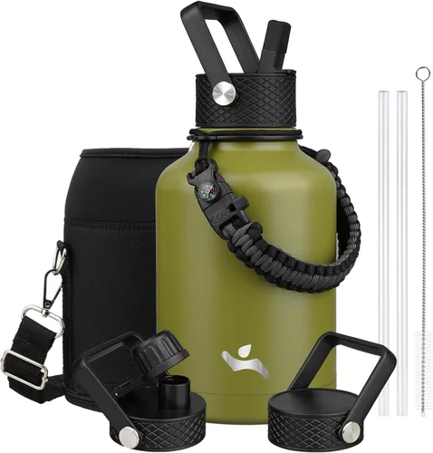Vista 77 de Konokyo - Botella de agua aislada de 18 onzas, botellas deportivas de acero inoxidable con 3 tapas, verde militar