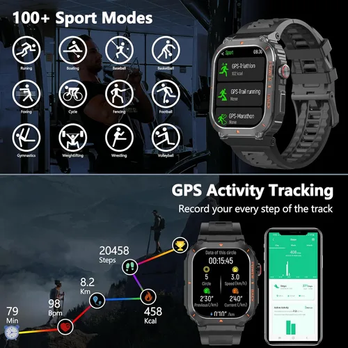Vista 3 de Reloj inteligente para hombre, relojes inteligentes militares con GPS con llamada/texto, monitor de salud (frecuencia cardíaca/spO2/sueño), Negro