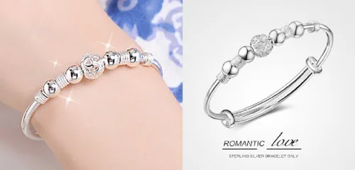Vista 6 de Pulsera de cuentas de plata de ley simple para mujer, diseño abierto, Metal
