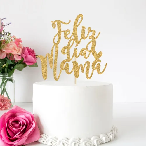 Vista 3 de Decoración para tartas de Feliz Dia Mama con purpurina dorada, decoración del día de la madre, mejor mamá de todos los tiempos, suministros
