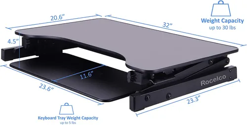 Vista 5 de Rocelco - Convertidor de escritorio para trabajar de pie con altura ajustable de 32 pulgadas - Bandeja retráctil deslizable - Elevador de monitor