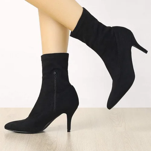 Vista 2 de Allegra K Botines elásticos con punta puntiaguda y tacones de aguja para mujer