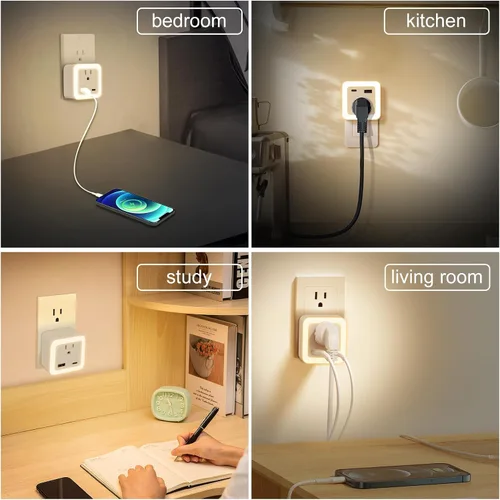 Vista 6 de Luces nocturnas enchufables a la pared, paquete de 2 luces de reserva con batería recargable, sensor de atardecer a amanecer, luz nocturna