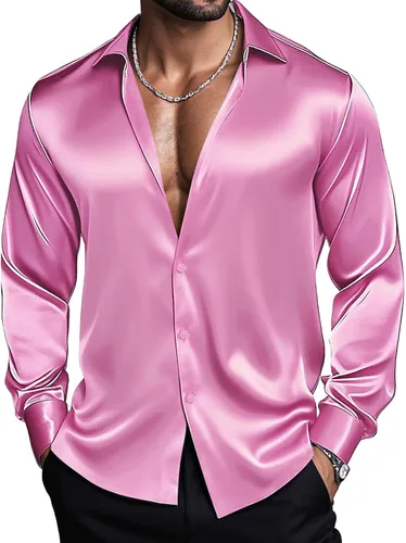 Vista 13 de Barry.Wang Camisas de discoteca de los años 70 para hombre, camisas beige B