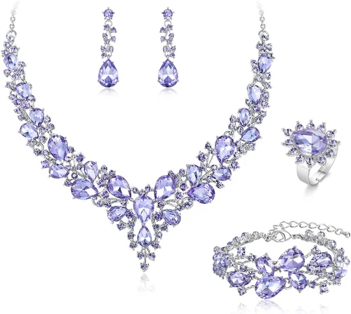 Vista 25 de BriLove - Juego de joyas de boda con cristales austriacos, collar, aretes y pulsera para mujer 01-Tono plateado transparente