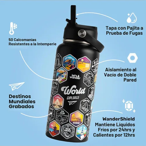 Vista 4 de LET'S WANDER - Botella de agua para aventureros del mundo con 50 pegatinas impermeables - 32 onzas, botella de acero inoxidable aislada y a prueba
