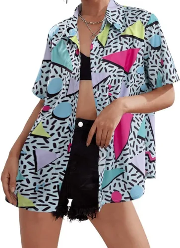 Vista 2 de Trajes de los años 80 y 90 para mujer, camisa de discoteca retro para fiesta temática de los años 80, camisa hawaiana de neón con botones y manga