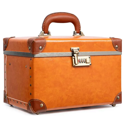 Vista 10 de urecity Estuche de maquillaje vintage de piel artificial, organizador profesional de cosméticos con cerradura de combinación de metal, caja