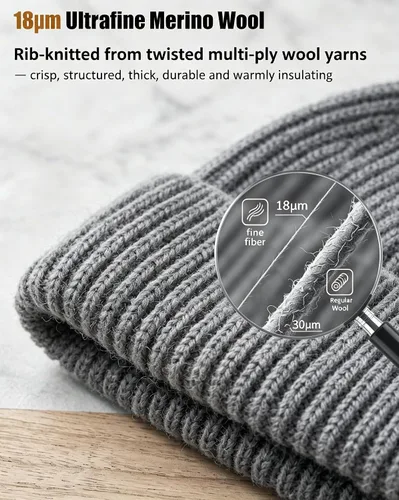 Vista 3 de Gorros de pescador de lana merino 100% para hombre, gorro de Gris
