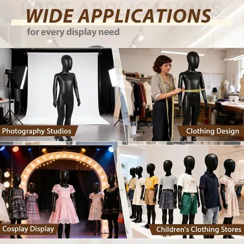 Vista 4 de Child Full Body Mannequin 43.3 Inch Sewing Dress Model Stand Realistic Display Manikin with Adjustable Posture, Turnable Head, Flexible Limbs, Black