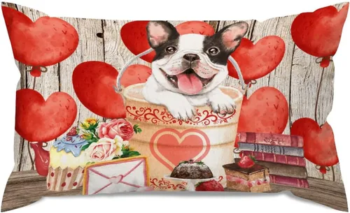 Vista 64 de Fundas de almohada lumbar con textura de madera rústica para perro en cubo, diseño de corazón rojo para el día de San Valentín, fundas de almohada