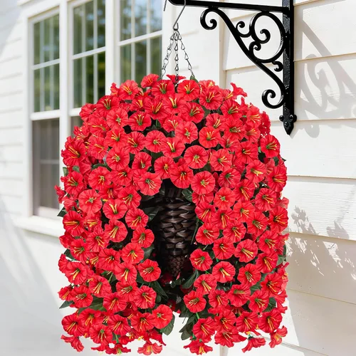 Vista 10 de Flores colgantes artificiales falsas con cesta para decoración al aire libre, resistentes a los rayos UV, flores de margaritas de seda sintética