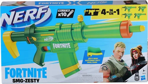 Vista 2 de Lanzador Nerf Fortnite SMG-Zesty, 10 dardos Nerf Elite, clip de 10 dardos, culata y cañón removibles, regalos de Fortnite para niños y niñas