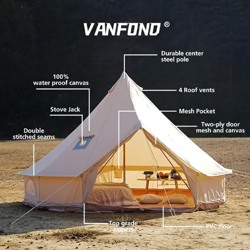 Vista 2 de Tienda de Campana de Lona con Toma de Estufa - Yurta Impermeable y Transpirable, Tienda de Glamping con Sábanas Desmontables para Fiesta de Camping