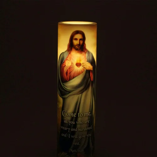 Vista 2 de Vela de oración devocional sin llama LED Sagrado Corazón de Jesús