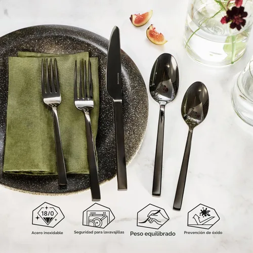 Vista 3 de Juego de cubiertos negros KINGSTONE, juego de 20 piezas de cubertería de acero inoxidable premium, servicio para 4, para cocina, hogar, boda