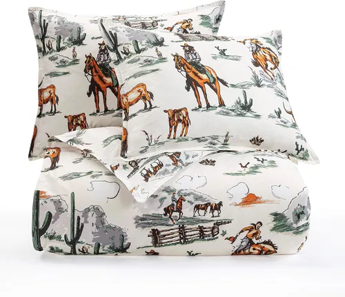 Vista 3 de Paseo Road Ranch Life Western Bedding - Juego de funda de edredón de algodón de 2 piezas, tamaño individual, estampado verde de cuernos largos
