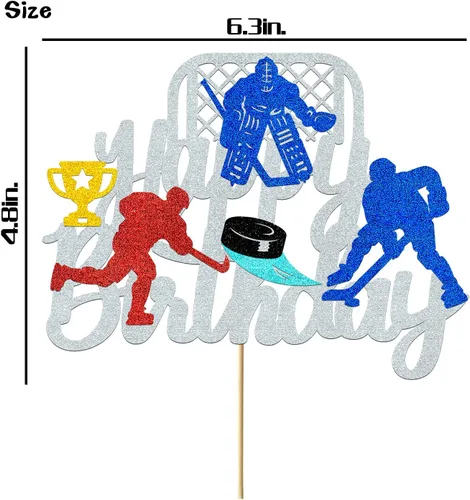 Vista 4 de Decoración para pastel de hockey sobre hielo Decoraciones de cumpleaños de hockey sobre hielo para niños, niñas, adultos – tema deportivo plateado
