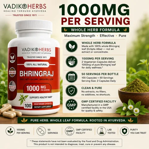 Vista 4 de Vadik Herbs Bhringraj Cápsulas Hoja de Bhringraj orgánica entera (Eclipta alba) Hierba tradicional ayurvédica para cabello saludable, cuero