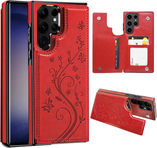 Vista 24 de Korecase - Funda tipo cartera para Samsung Galaxy S23 con tarjetero y tarjetero de piel sintética, diseño de mariposas y flores, color azul