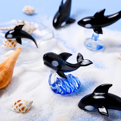 Vista 4 de Figuras de ballenas de cristal coleccionables sopladas a mano, escultura de delfines de cristal, pisapapeles de animales marinos para regalos, Negro
