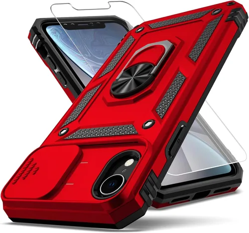 Vista 7 de Funda para iPhone XR, cubierta de lente de cámara deslizante integrada+soporte de anillo de dedo+protector de pantalla, funda protectora de cuerpo
