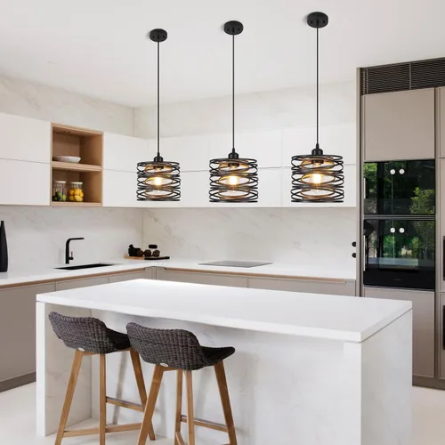 Vista 2 de Lámpara colgante, isla de cocina, lámparas colgantes de madera, granja, metal, iluminación colgante para comedor, dormitorio, bar, oficina, negro 1