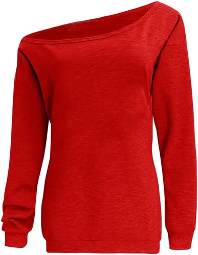 Vista 2 de Dutebare - Sudadera de manga larga con hombro descubierto para mujer, blusa larga holgada
