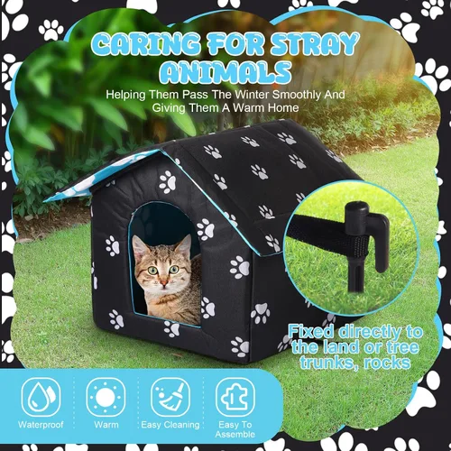 Vista 5 de Casa impermeable para gatos al aire libre, casas para mascotas callejeras, refugio para gatos y perros, refugio plegable para mascotas con manta