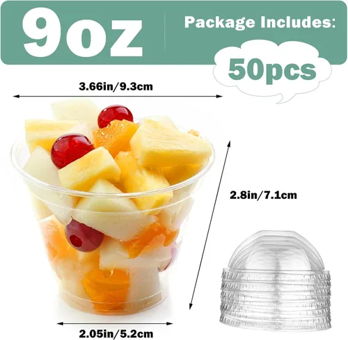 Vista 2 de 50 vasos de plástico transparente de 9 onzas con tapas de cúpula, tazas de postre, tazas de frutas con tapas, tazas transparentes de fiesta