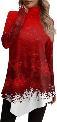 Vista 2 de Christmas Shirts for Women, Women's Fall Christmas Print Tops High Neck 2023 Top Irregular Hem Cute Long Sleeve Pullover