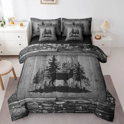 Vista 89 de Feelyou Juego de edredón de ciervo con sábanas – Tamaño Queen 7 piezas Juego de ropa de cama infantil de caza rústica – Cama de ciervo de cabaña