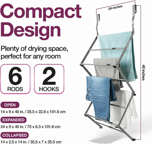 Vista 2 de BLACK+DECKER Estante de secado telescópico extensible sobre la puerta, organizador de ropa, colgador de toallas, lavandería, plegable, gris