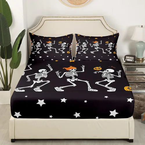 Vista 3 de Erosebridal Juego de sábanas de calavera para niños, tamaño individual, para Halloween, esqueleto gótico bailarín, juego de sábanas para niños