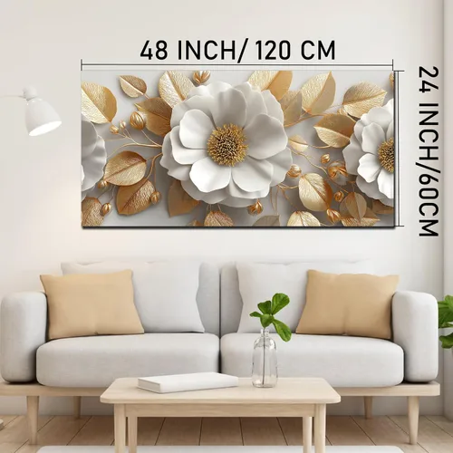 Vista 5 de Tarfupth Lienzo floral para pared de sala de estar, flores doradas y blancas, obra de arte botánica grande para dormitorio, oficina, decoración