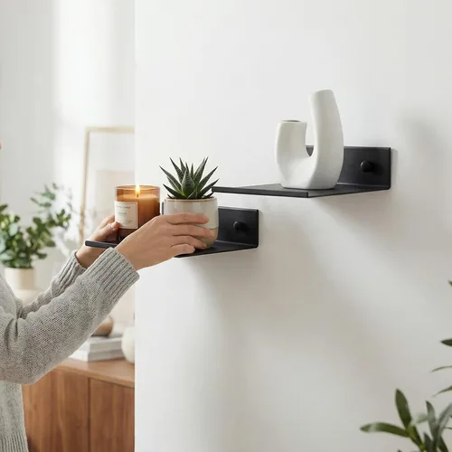 Vista 2 de Z metnal Estantes flotantes pequeños, mini estante de metal para pared, aluminio, montado en la pared y sin taladro, negro, 4.7 pulgadas, paquete