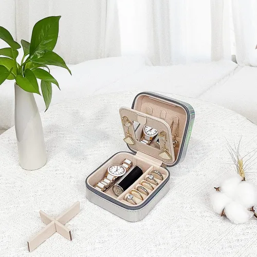 Vista 5 de Small Jewelry Box with mirror, Portable Mini Travel Jewelry Case Storage Organizer, PU Leather Double Layer Jewellery Organizer for Women and Girls