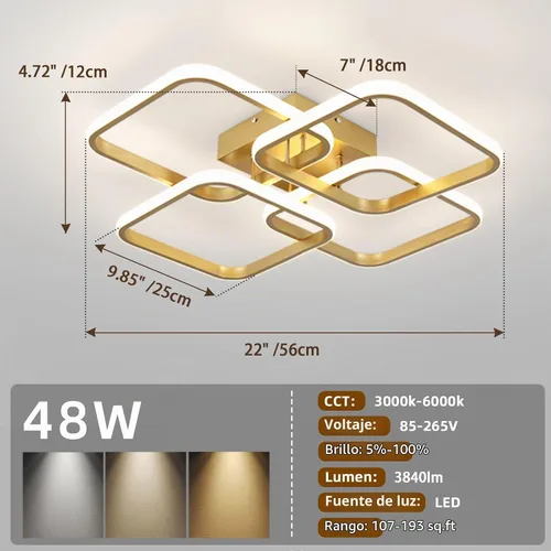 Vista 5 de CANEOE Lámpara de techo LED dorada moderna de 4 cuadrados, regulable, control remoto, montaje empotrado cuadrado, iluminación interior para Dorado