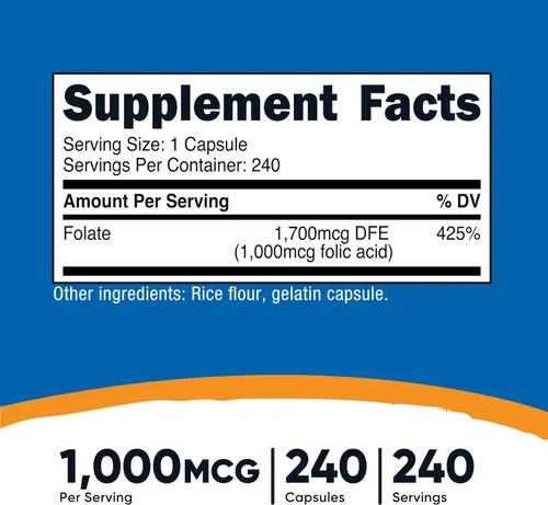 Vista 2 de Nutricost ácido fólico (Vitamina B9) 1000 mcg, 240 Cápsulas, 1 botella, 1