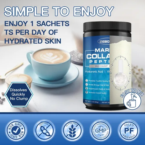 Vista 7 de ZEBORA Marine Collagen Peptides Powder - 50 porciones – Colágeno de pescado hidrolizado capturado en la naturaleza con ácido hialurónico, queratina