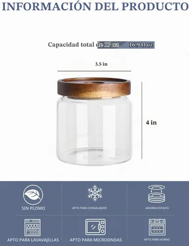 Vista 2 de Kanwone Juego de 6 tarros de almacenamiento de vidrio, recipientes herméticos de almacenamiento de alimentos de 17 onzas con tapas de bambú