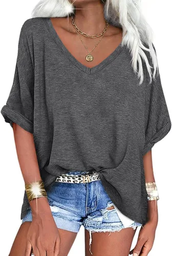 Vista 13 de UNCLECAT Camisetas de gran tamaño con cuello en V para mujer, camisas de manga corta de verano, holgadas, casuales