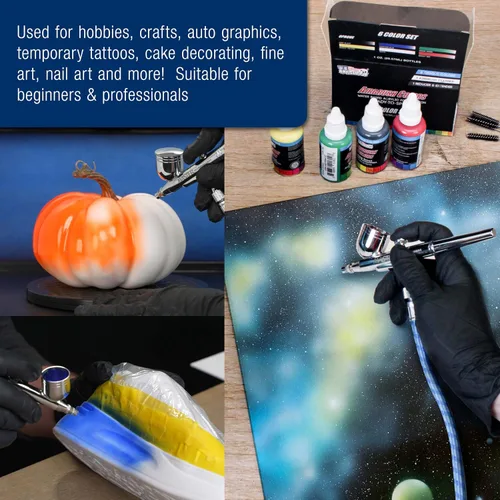 Vista 8 de Equipo profesional de 3 sistemas de aerógrafo con compresor y kit de pinturas de 6 colores primarios, de Master Airbrush