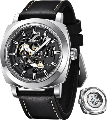 Vista 16 de BENYAR Mens Automatic Mechanical Watch Skeleton Dress Watch for Men Gris negro